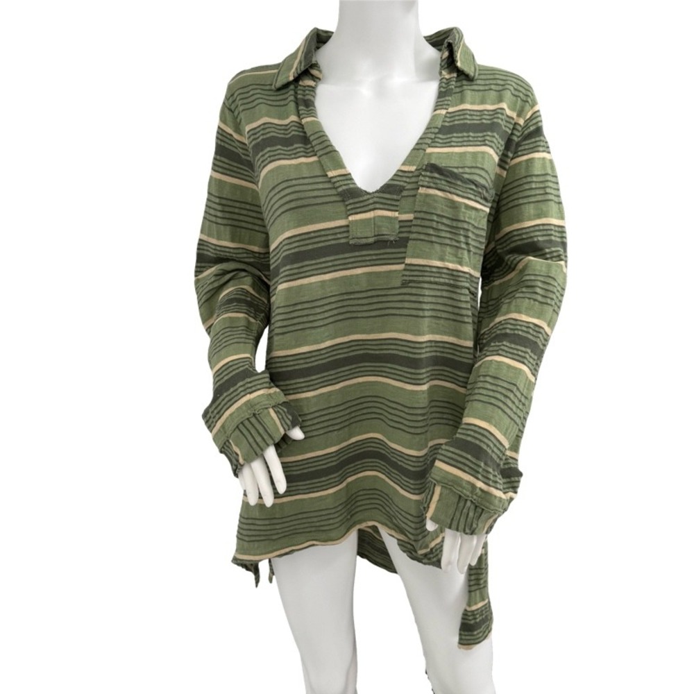 FREE PEOPLE BEACH Breaker Medium Top Green Striped V-Neck High Low Boho Vacation - Picture 6 of 16